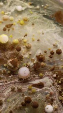 Dikey video. Köpük mürekkebi. Mermer baloncuklar. Kahverengi, sarı, parıltılı, yumuşak, hipnotik bir boya. Soyut arkaplandaki yağ rengi pigmenti patlaması.