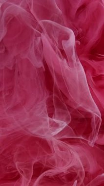 Dikey video. Mürekkep dumanı. Su damlasını boya. Odaklanmamış pembe renk buhar bulutu sıçrayan girdap yayılıyor hareket soyut sanat arkaplanı ortaya çıkıyor.