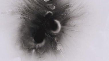 Mürekkep lekesi. Dökülen su. Odaklanamayan siyah beyaz akışkan kimyasal emülsiyon yuvarlak doku soyut akrilik arka plana dökülüyor..