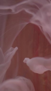 Dikey video. Bulanık renkli duman. Sıvı mürekkep akışı. Odaklanmamış beyaz parlak sıvı, soyut sanat arka planında bulut buharı dokusu dalgası..