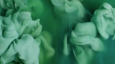 Duman yayıyorum. Akrilik boya. Su karışımında bulanık yeşil renkli bulut kıvrımlı sıvı ıslak buhar yaratıcı siyah arka planda yüzüyor..