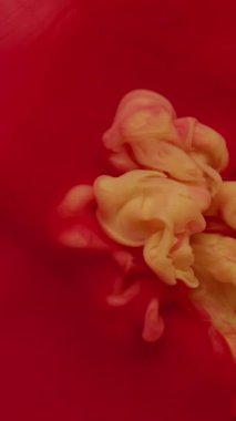 Dikey video. Renkli duman dokusu. Suyu boya. Bulanık kırmızı kırmızı duman sıçrama egzoz parlatıcı sıvısı soyut arkaplanda yayılıyor..