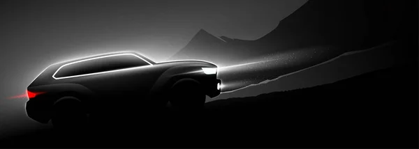 Black Suv Car Driving Uphill Mountains Background Dark Night Wild — Stock Vector