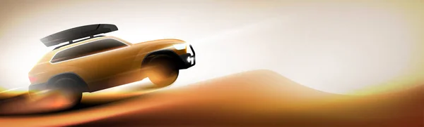 Желтый Внедорожник Мчится Прыгает Пустыне Панорамном Солнечном Песчаном Фоне Коробкой — стоковый вектор
