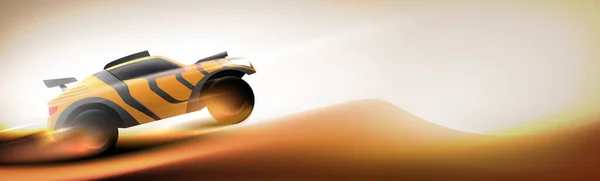 黄色的拉力赛跑车在阳光普照的沙滩背景下在沙漠中颠簸跳跃 汽车极限运动 越野赛横向横幅矢量图解 — 图库矢量图片