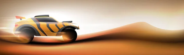 Желтый Экстремальный Спорткар Мчится Пустыне Панорамном Солнечном Песчаном Фоне Автомобиль — стоковый вектор
