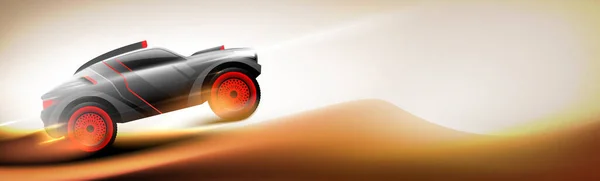 Buggy Rally Sport Auto Beuken Springen Woestijn Panoramische Zonnige Zandachtergrond — Stockvector