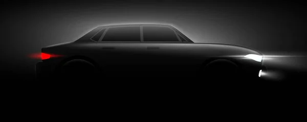 Zwarte Sedan Auto Silhouet Met Koplampen Achterlichten Een Donkere Nacht — Stockvector
