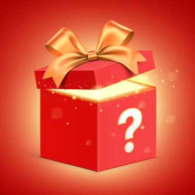 Open red gift box with question mark, golden ribbon and magical glitter light, shining from inside. Secret giftbox standing on red gradient background,. Hidden gift vector banner design. clipart