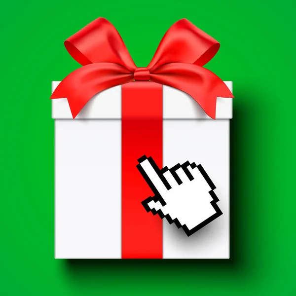 Mouse Cursor Hand Clicking Wrapped White Gift Box Online Shopping — Stock Vector