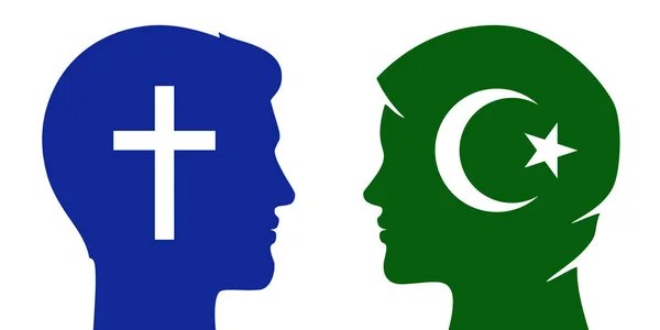 Christian man and muslim woman relations. Different religion couple, multicultural family, or religious discussion, dialogue concept vector illustration.