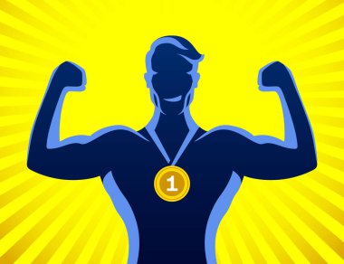 Birinci olan sporcu, parlak bir arka planda duran altın madalyayla. Kolları havada erkek şampiyon. Başarı ve konsept vektör çizimi.