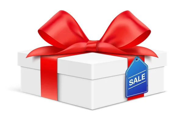 Біла Подарункова Коробка Загорнута Червоною Стрічкою Підвісна Мітка Текстом Sale — стоковий вектор