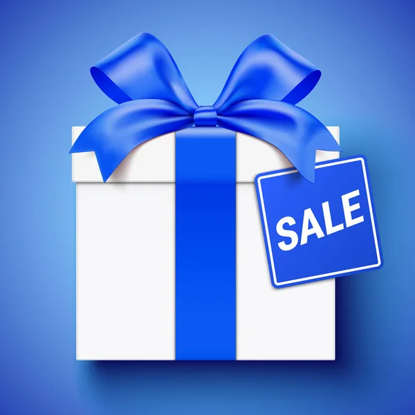 Weiße Geschenkverpackung Mit Blauem Band Und Sale Aufkleber Discount Geschenkbox — Stockvektor