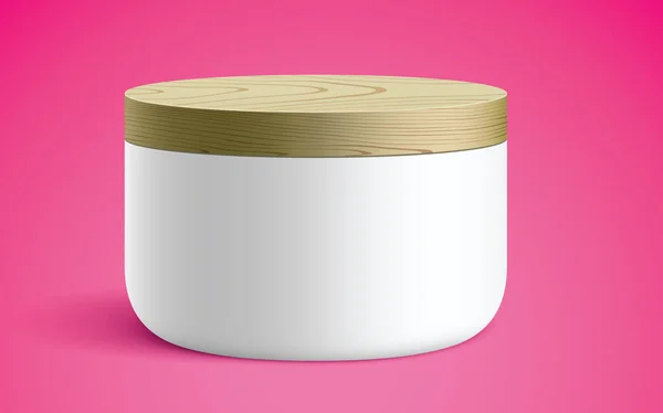 木製の蓋で覆われた化粧品白い容器 ピンクの背景に立って 香水のブランディングのための小さなサイズの円形のセラミックやプラスチック瓶の現実的なベクトルモックアップ — ストックベクタ