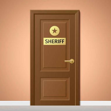 Şerifin ofisi kahverengi ahşap kapılı, altın tabelalı, vektör resimli..