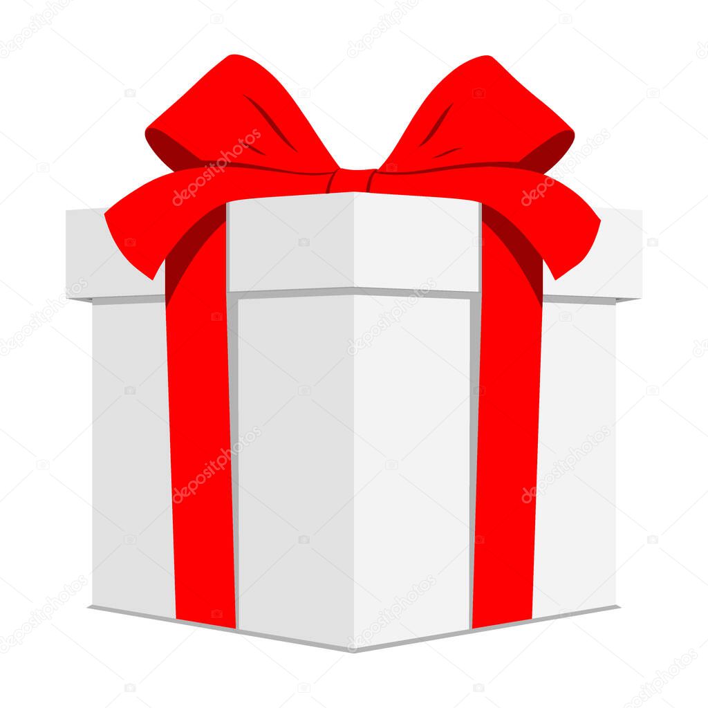 White present box with red ribbon, isolated on background. Flat style giftbox vector illustration.