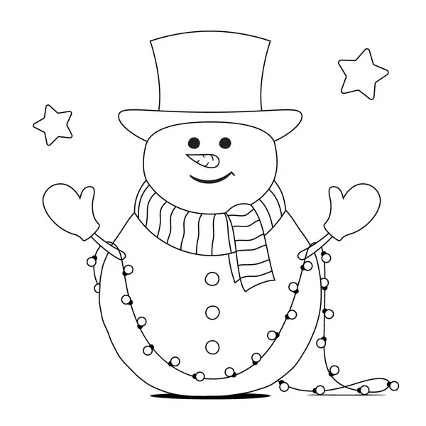 Щасливий Сніговик Верхнім Капелюхом Різдвяними Вогнями Сторінка Розмальовки Контурна Векторна — стоковий вектор