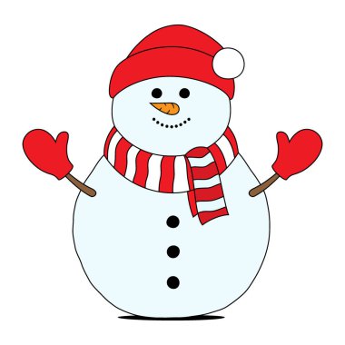 Eldiven, atkı ve ponpon şapkalı mutlu kardan adam karakteri, beyaz arka planda izole edilmiş düz stil vektör çizimi. Noel, Mutlu Yıllar, ya da kış tatili dekorasyonu.