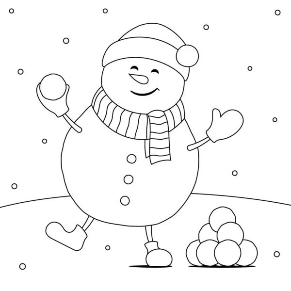 Щасливий Сніговик Грає Сніговий Бій Розмальовка Сторінка Книги Начерки Векторні — стоковий вектор