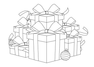 Kurdeleli ve toplu Noel hediyesi kutuları, renkli sayfa ana hatları çizimi vektörü.