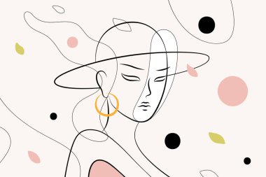 Portrait of elegant woman with hat, line art horizontal vector poster.