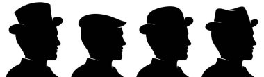 Classic man silhouette with different style hats, vector illustration.