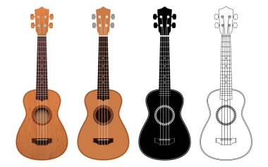 Vector set of Ukulele guitars, in realistic, flat color, black silhouette and outline versions.