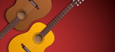 Musical vector banner of 2 classical acoustic guitars on a burgundy color background with copy space.