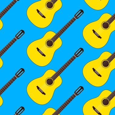 Classical guitars seamless vector pattern on a blue background.
