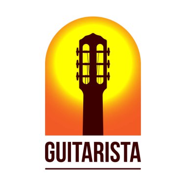 Latino style guitar vector logo, with classical guitar head silhouette on a sunset background.