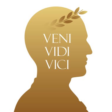 Sezar 'ın altın siluet portresi defne tacı ve Veni, Vidi, Vici ifadesi, beyaz arka planda izole edilmiş..