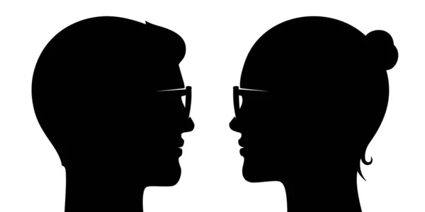 Gözlüklü Erkek Kadın Düz Stil Siyah Siluet Vektör Çizimi Beyaz — Stok Vektör
