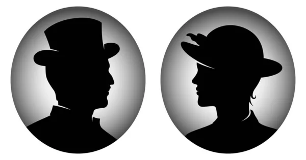 ヴィクトリアン男性と女性の肖像画のヴィンテージスタイルのフレーム 黒のシルエットベクトルイラスト — ストックベクタ