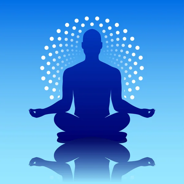 瑜珈男子与白色点缀装饰光环 冥想在一个蓝色背景的荷花姿势 灵媒海报 — 图库矢量图片