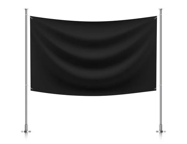黒の生地の旗旗は 白の背景に隔離された極にかかっている テキスタイル水平バナー現実的なモックアップ — ストックベクタ