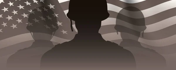 Σκιές Στρατιωτών Κυματιστό Φόντο Σημαίας Των Ηπα Αμερικανικός Στρατός Ρετρό — Διανυσματικό Αρχείο