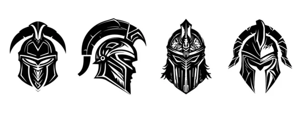 Conjunto Vetorial Gladiador Guerreiro Capacete Logotipos Pretos — Vetor de Stock