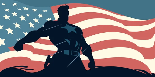 手を振るアメリカの旗の背景に立つ架空のアメリカの英雄 レトロなスタイルのイラスト — ストックベクタ
