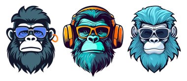 Hipster monkeys with headphones and sunglasses, colorful vector illustration set. clipart