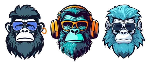 Hipsterskie Małpy Słuchawkami Okularami Przeciwsłonecznymi Kolorowy Zestaw Ilustracji Wektorowych — Wektor stockowy