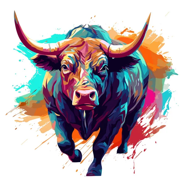 Angry Bull Яскравий Барвистий Стиль Пензля Векторні Ілюстрації Футболки Або — стоковий вектор