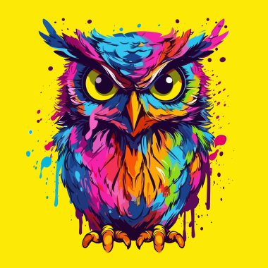 A cute owl drip painting style colorful vector poster, on a yellow background. clipart