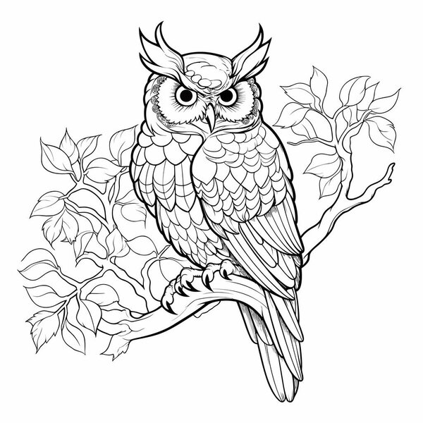 An owl sitting on a branch, printable coloring book page line art vector illustration, isolated on a white background.