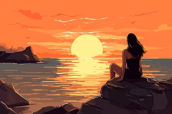 岩の上に座っている若い女性 リラックスして太陽のパスでロマンチックな夕日の景色を楽しんで ベクトルイラスト — ストックベクタ