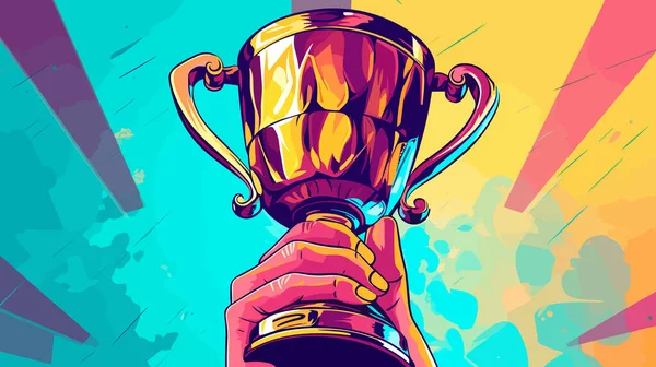 Mano Sosteniendo Trofeo Dorado Brillante Sobre Fondo Colorido Estilo Pop — Vector de stock