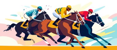 Horse racing tournament flat style colorful vector illustration with 3 jockeys sprinting with horses. clipart