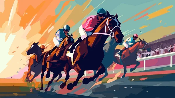 Jockeys Sprinten Paarden Perspectief Uitzicht Vlakke Stijl Kleurrijke Vector Illustratie — Stockvector