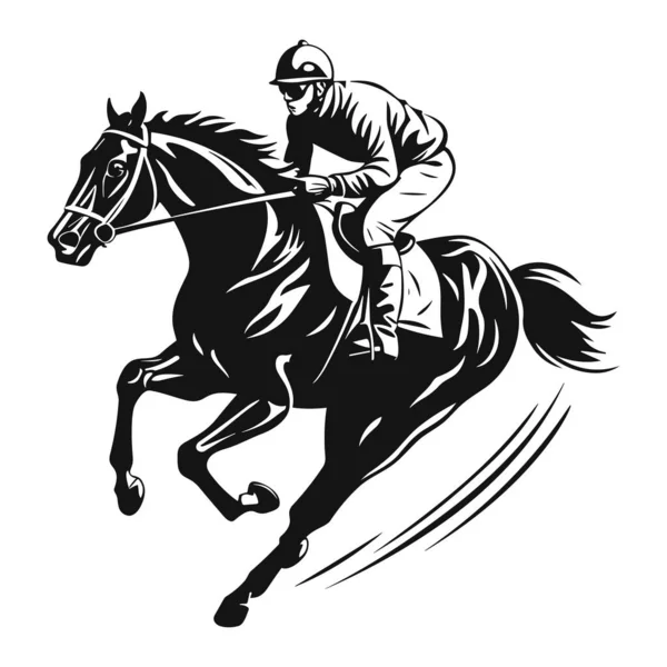 Jockey Rijden Een Racepaard Zwart Silhouet Schets Platte Stijl Vector — Stockvector