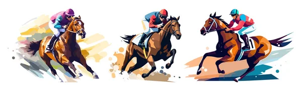 Jockeys Ridning Kapplöpningshästar Snabb Hastighet Uppsättning Platt Stil Vektor Illustrationer — Stock vektor
